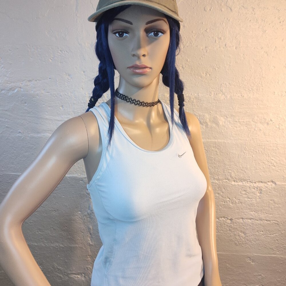 Nike Dri Fit Baby Blue White Built in Bra Woman's Athletic Tank Top Size Small